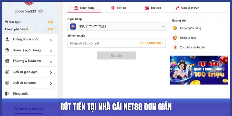 RÚT TIỀN TẠI NHÀ CÁI NET88 ĐƠN GIẢN